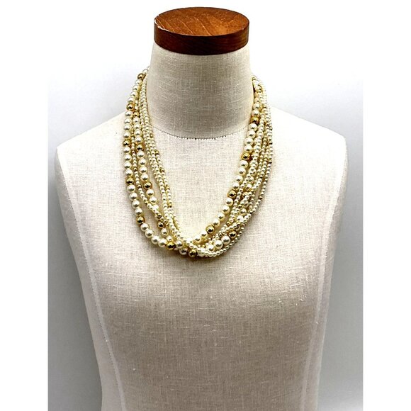 Multi-Strand Faux Pearl & Gold Beaded Necklace With Lobster Clasp Closure - Picture 2 of 4